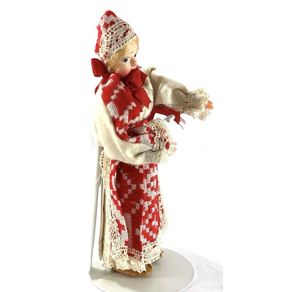 Vintage 7” European Folk Doll Red White Costume Lace Bonnet w/ Stand - Picture 6 of 8